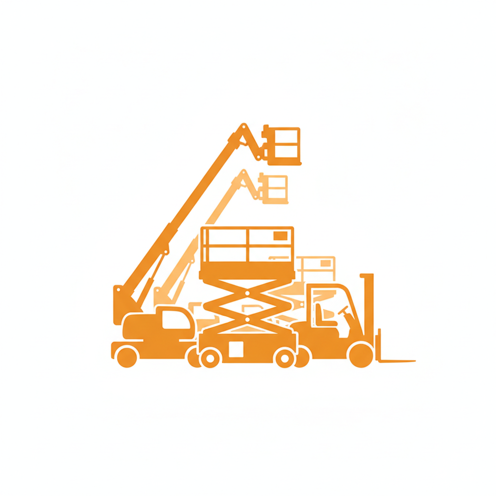 icon orange großer mietpark arbeitsbühnen und stapler